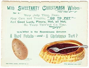 Potato and jam tart with comic verse on a Christmas card