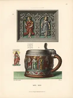 Pottery apostle-tankard and tile with allegorical