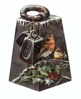 Four pound weight with robins on a New Year card