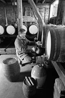 Barn Prints: Pouring cider in cider barn at Dunkertons cider, England
