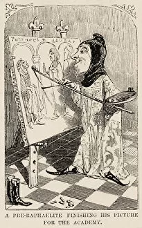 A Pre-Raphaelite finishing his picture for the Academy. Satirical cartoon featuring a