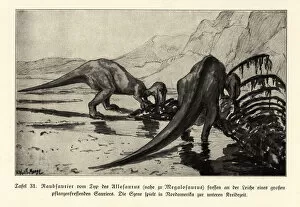 Predatory Megalosaurus feeding on a dinosaur corpse
