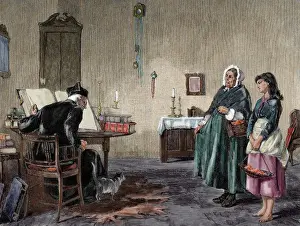 Parson Prints: Give of present for the priest. Engraving by H. Werdmuller