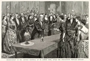 Presentation to Mr. S. Arthur Chappell, director of the St. James's Hall series of Popular Concerts, receiving a presentation after the thousandth Popular Concert. Date: 1887