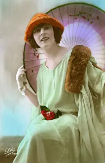 Stole Prints: Pretty French Girl with Oriental Umbrella and fur stole