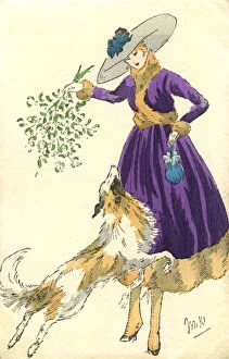 Images Dated 1st August 2017: Pretty French lady and pet sheepdog - Christmas Mistletoe