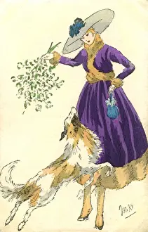 Leaping Prints: Pretty French lady and pet sheepdog - Christmas Mistletoe