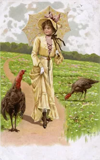 Greenery Gallery: Pretty girl walking along a rural path with two turkeys