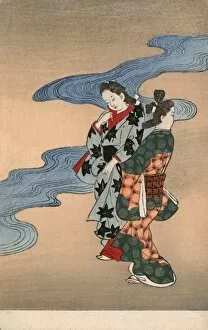 Images Dated 12th November 2015: Two pretty Japanese women by a River - Japanese print