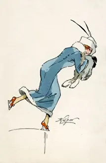 New Images From The Grenville Collins Collection Prints: Pretty Lady Ice Skater in long pale blue fur-trimmed coat