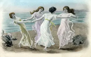 Four pretty young Austrian girls spin wildly in happy dance