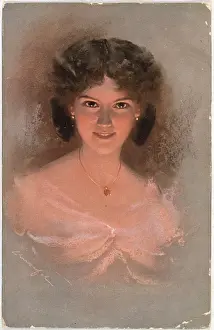 Lamplight Prints: A pretty young woman in a pink dress, her face illuminated by lamplight. Date: 1911