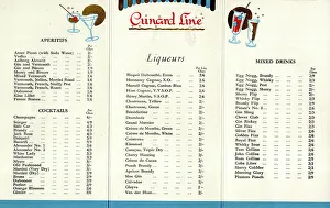 Aperitifs Collection: Price list, drinks on board Cunard liner RMS Mauretania