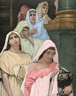 Priestesses of the goddess Vesta. Colored engraving