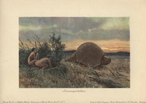 Hunt Collection: Primitive men with spears hunting a glyptodon
