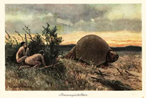 Glyptodon Prints: Primitive men with spears hunting a glyptodon