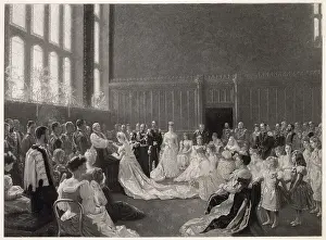 Prince George married Princess Mary of Teck in the Chapel Royal, St. James's Palace, London, with ten bridesmaids, granddaughters and a great granddaughter of the Queen Victoria. Date: 6th July 1893