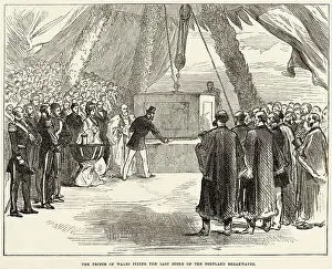 The Prince of Wales (later King Edward VII) fixing the last stone of the Portland Harbour Breakwater, the first stone of which was laid by his father, Prince Albert, 23 years previously. Date: 1872