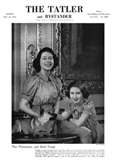 Matching Prints: Princesses Elizabeth and Margaret with a corgi, 1941