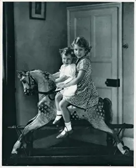 Hobby Prints: Princesses Elizabeth and Margaret on a rocking horse