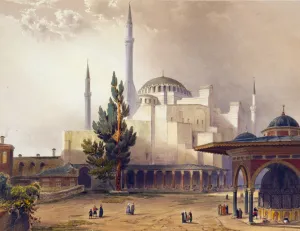 Court Yard Prints: Print shows courtyard and exterior of Ayasofya Mosque