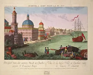 Print shows the harbor at Quebec, one ship at anchor, men wo