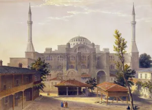 Print shows madrasah courtyard and exterior of Ayasofya Mosq Print shows madrasah courtyard and exterior of Ayasofya Mosq