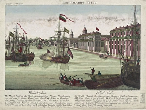 Print shows men in boats and ships along the waterfront in P Print shows men in boats and ships along the waterfront in P