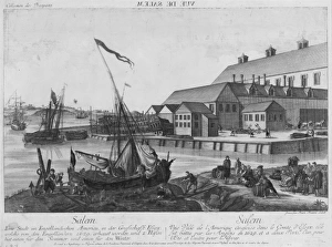Print shows people working along shore and wharf on the wate Print shows people working along shore and wharf on the wate