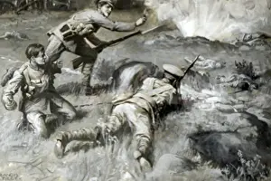 Conspicuous Prints: Private R Biggins attacking a crater at Hooge