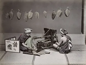 Indoors Prints: Processing tobacco leaves, studio scene, Japan