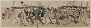 A procession of flowers before Mount Fuji