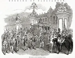 Procession of guards, footmen and carriage carrying Queen Victoria to the State Opening of Parliament, leaving Buckingham Palace. Date: 1851