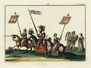 Procession of riders on unicorn, goat and horse