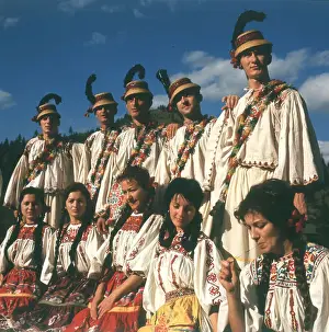 Shirts Prints: A professional dance group in traditional costume at Maramure, Romania. Date: 1976