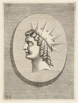 Mortal Prints: Profile bust of a figure with hair in ringlets and sunbeams
