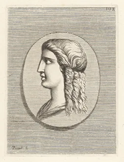 Curls Prints: Profile bust of a young woman with her long hair plaited in ring