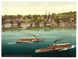 Promenade and cathedral, with two small steamers, Lucerne, S