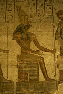 Ptolemaic temple of Hathor and Maat. God Horus. Seated figur