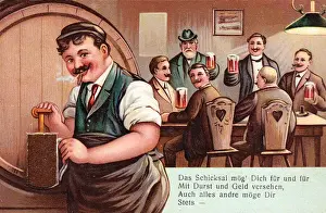 Landlord Prints: Pub scene with barrel on a comic German greetings card