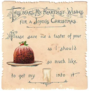 Puddings Prints: Pudding and tooth with comic verse on a Christmas card