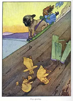 Duckling Prints: Pug Peter -- dog and ducklings on steep slope