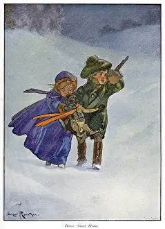 Nesbit Prints: Pug Peter -- girl and boy with dog in snow