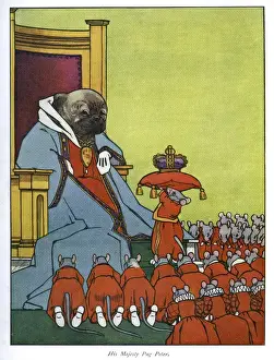 Nesbit Prints: Pug Peter -- seated on throne with mouse subjects