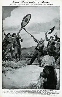 Alsace Prints: Pulling down German frontier pole at Alsace, WW1