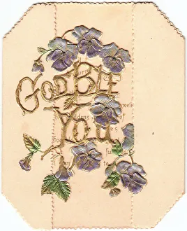 Purple flowers and gold lettering on a greetings card
