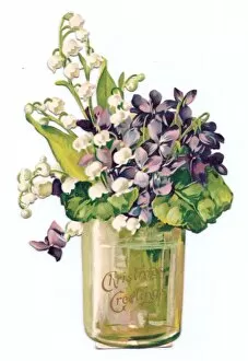 Lily Gallery: Purple and white flowers in a jar on a cutout Christmas card