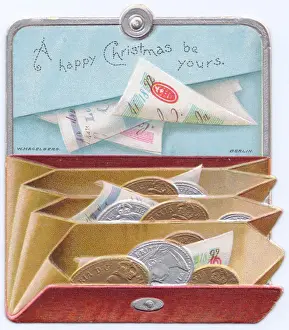 Banknotes Prints: Purse full of money on a cutout Christmas card
