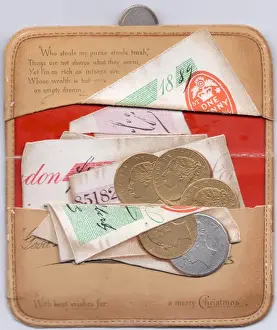 Banknotes Prints: Purse full of money on a cutout Christmas card