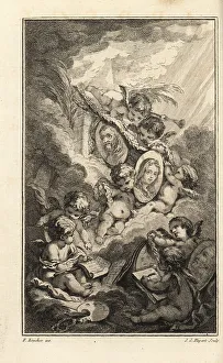 Putti garlanding oval portraits of artists with laurels
